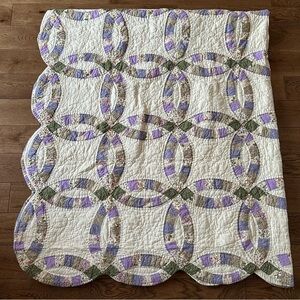 Vintage Patchwork Double Wedding Ring Quilt Scalloped Cotton King Size
